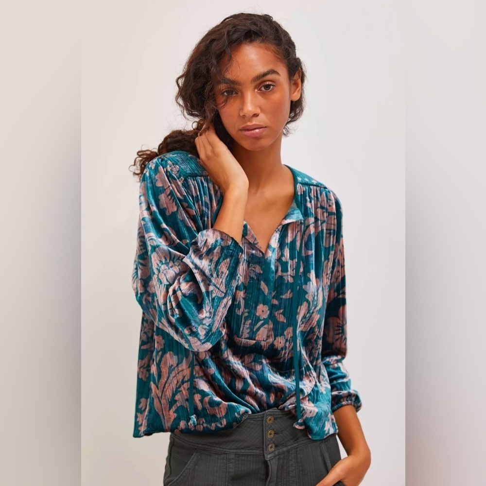 Anthropologie Teal Velvet Floral Blouse with Dusty Rose Accents